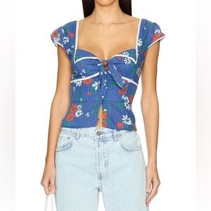 FREE PEOPLE Call Me Baby Blouse in Blue Quartz Daisy Size Large NWT